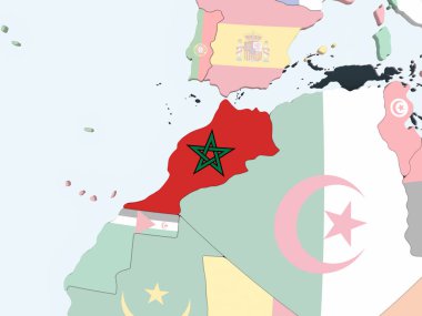 Fas katıştırılmış bayrak ile parlak siyasi dünya üzerinde. 3D çizim.