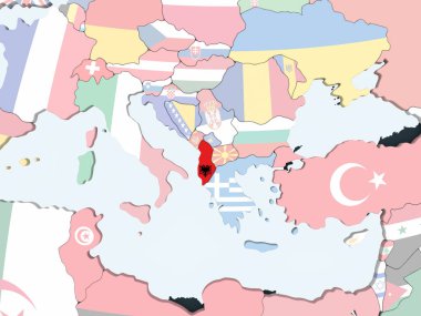 Arnavutluk katıştırılmış bayrak ile parlak siyasi dünya üzerinde. 3D çizim.