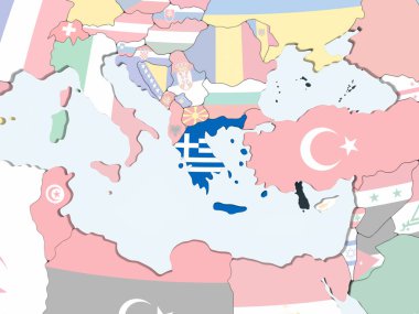 Yunanistan katıştırılmış bayrak ile parlak siyasi dünya üzerinde. 3D çizim.