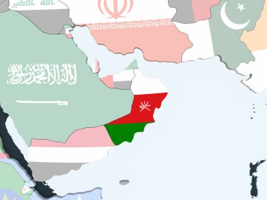 Umman katıştırılmış bayrak ile parlak siyasi dünya üzerinde. 3D çizim.