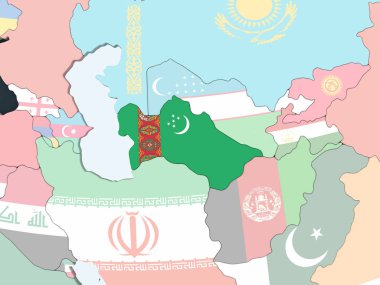 Türkmenistan katıştırılmış bayrak ile parlak siyasi dünya üzerinde. 3D çizim.