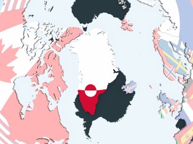 Grönland katıştırılmış bayrak ile parlak siyasi dünya üzerinde. 3D çizim.