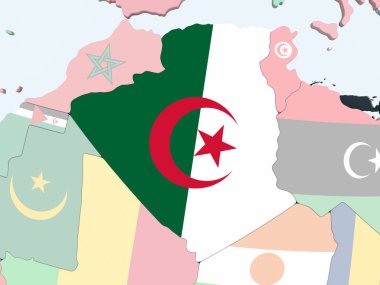 Cezayir katıştırılmış bayrak ile parlak siyasi dünya üzerinde. 3D çizim.