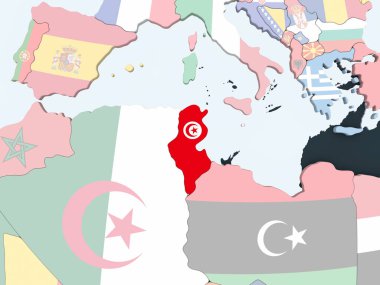 Tunus katıştırılmış bayrak ile parlak siyasi dünya üzerinde. 3D çizim.