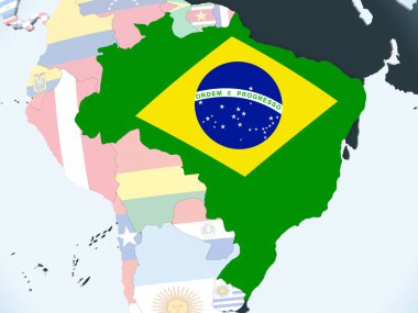 Brezilya katıştırılmış bayrak ile parlak siyasi dünya üzerinde. 3D çizim.