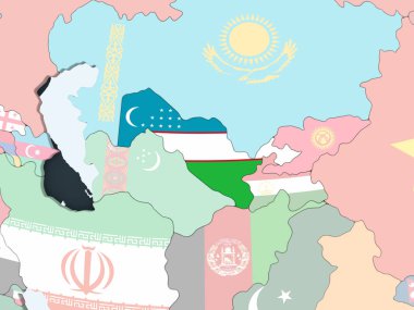 Özbekistan katıştırılmış bayrak ile parlak siyasi dünya üzerinde. 3D çizim.
