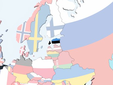 Estonya katıştırılmış bayrak ile parlak siyasi dünya üzerinde. 3D çizim.