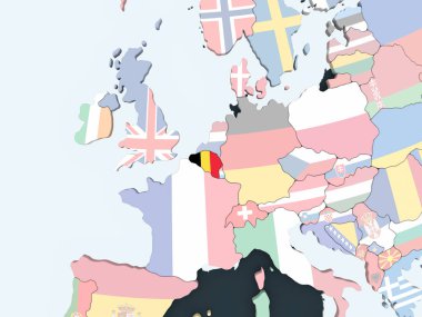 Belçika katıştırılmış bayrak ile parlak siyasi dünya üzerinde. 3D çizim.