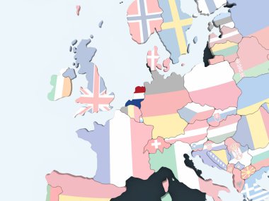Hollanda katıştırılmış bayrak ile parlak siyasi dünya üzerinde. 3D çizim.