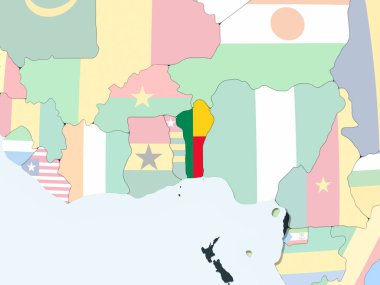 Benin katıştırılmış bayrak ile parlak siyasi dünya üzerinde. 3D çizim.