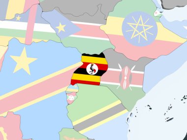 Uganda katıştırılmış bayrak ile parlak siyasi dünya üzerinde. 3D çizim.