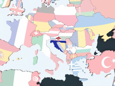 Hırvatistan katıştırılmış bayrak ile parlak siyasi dünya üzerinde. 3D çizim.