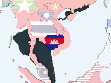 Kamboçya katıştırılmış bayrak ile parlak siyasi dünya üzerinde. 3D çizim.