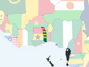 Togo katıştırılmış bayrak ile parlak siyasi dünya üzerinde. 3D çizim.