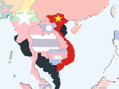 Vietnam katıştırılmış bayrak ile parlak siyasi dünya üzerinde. 3D çizim.