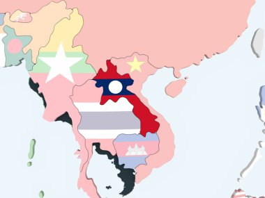 Laos katıştırılmış bayrak ile parlak siyasi dünya üzerinde. 3D çizim.