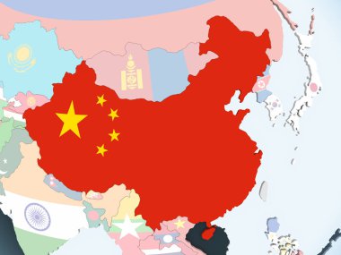 Çin katıştırılmış bayrak ile parlak siyasi dünya üzerinde. 3D çizim.