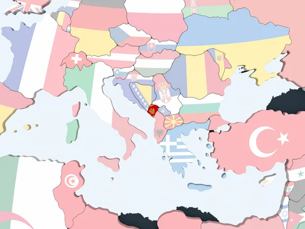 Karadağ katıştırılmış bayrak ile parlak siyasi dünya üzerinde. 3D çizim.