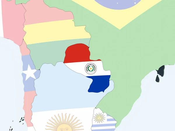 Paraguay on bright political globe with embedded flag. 3D illustration.