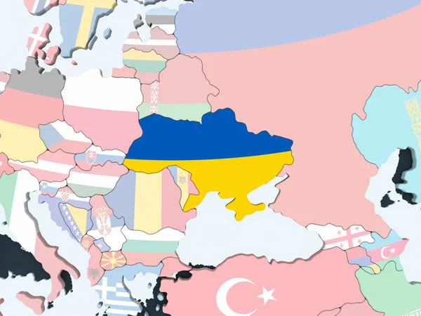 Ukrayna katıştırılmış bayrak ile parlak siyasi dünya üzerinde. 3D çizim.