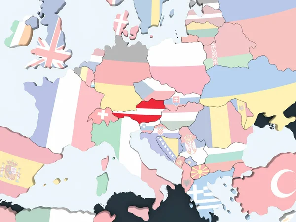 Avusturya katıştırılmış bayrak ile parlak siyasi dünya üzerinde. 3D çizim.