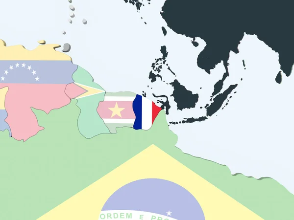 法属圭亚那明亮政治地球与嵌入式国旗上 — 图库照片