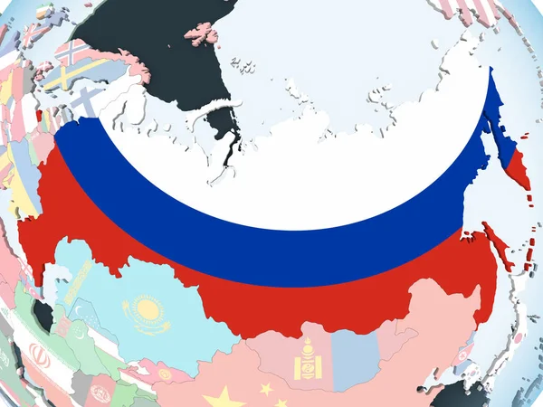 Rusya katıştırılmış bayrak ile parlak siyasi dünya üzerinde. 3D çizim.