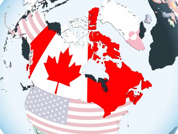 Kanada katıştırılmış bayrak ile parlak siyasi dünya üzerinde. 3D çizim.