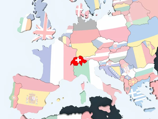 İsviçre katıştırılmış bayrak ile parlak siyasi dünya üzerinde. 3D çizim.