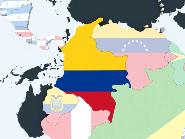 哥伦比亚对嵌入式国旗明亮政治地球仪 — 图库照片