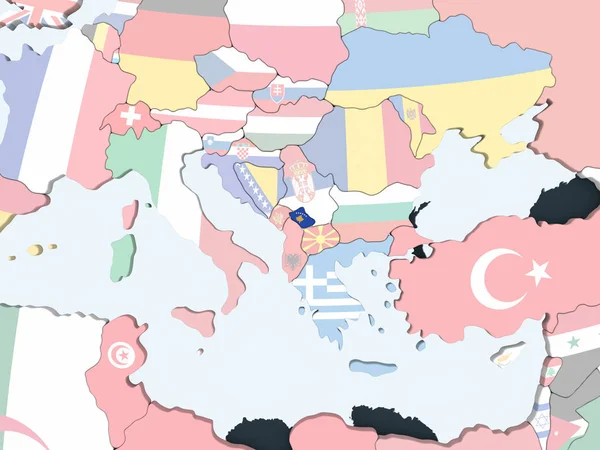 Kosova katıştırılmış bayrak ile parlak siyasi dünya üzerinde. 3D çizim.