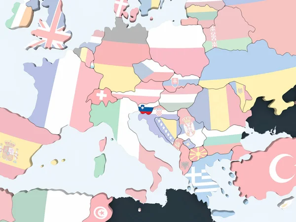 Slovenya katıştırılmış bayrak ile parlak siyasi dünya üzerinde. 3D çizim.