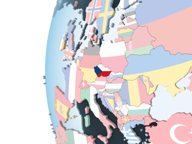 Çek Cumhuriyeti katıştırılmış bayrak ile parlak siyasi dünya üzerinde. 3D çizim.