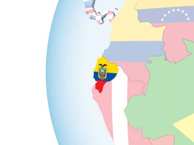 Ekvador katıştırılmış bayrak ile parlak siyasi dünya üzerinde. 3D çizim.