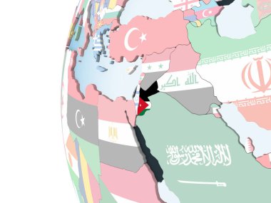 Jordan katıştırılmış bayrak ile parlak siyasi dünya üzerinde. 3D çizim.