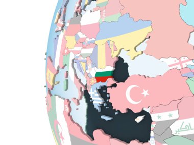 Bulgaristan katıştırılmış bayrak ile parlak siyasi dünya üzerinde. 3D çizim.