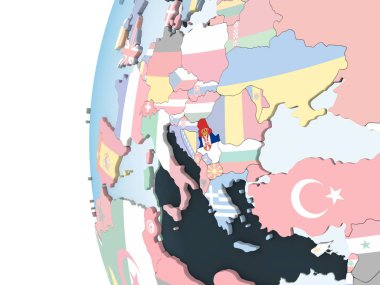 Sırbistan katıştırılmış bayrak ile parlak siyasi dünya üzerinde. 3D çizim.