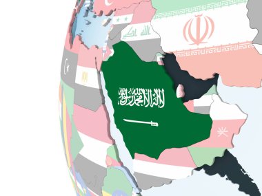 Suudi Arabistan katıştırılmış bayrak ile parlak siyasi dünya üzerinde. 3D çizim.