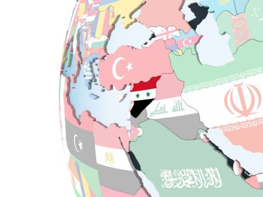 Suriye katıştırılmış bayrak ile parlak siyasi dünya üzerinde. 3D çizim.