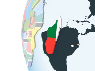 Madagaskar katıştırılmış bayrak ile parlak siyasi dünya üzerinde. 3D çizim.