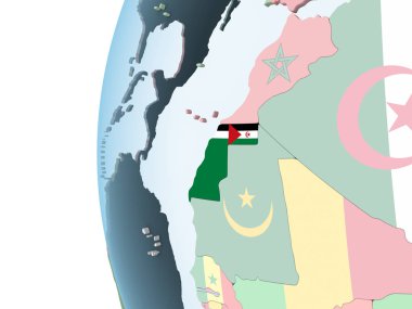 Batı Sahra katıştırılmış bayrak ile parlak siyasi dünya üzerinde. 3D çizim.