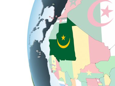 Moritanya katıştırılmış bayrak ile parlak siyasi dünya üzerinde. 3D çizim.