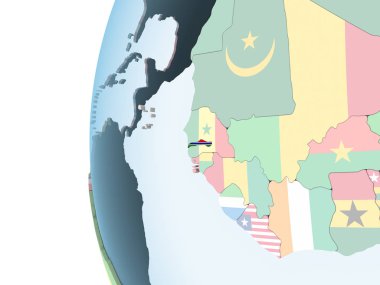 Gambiya katıştırılmış bayrak ile parlak siyasi dünya üzerinde. 3D çizim.