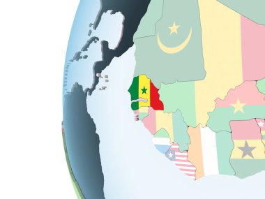 Senegal katıştırılmış bayrak ile parlak siyasi dünya üzerinde. 3D çizim.