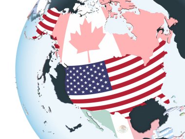 ABD katıştırılmış bayrak ile parlak siyasi dünya üzerinde. 3D çizim.