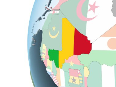 Mali katıştırılmış bayrak ile parlak siyasi dünya üzerinde. 3D çizim.