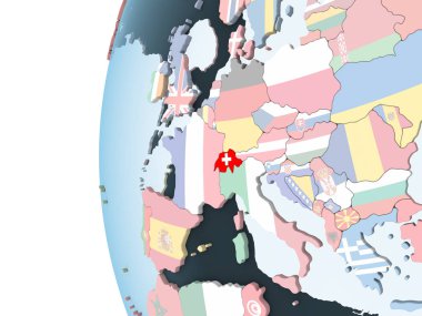 İsviçre katıştırılmış bayrak ile parlak siyasi dünya üzerinde. 3D çizim.