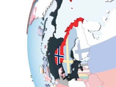 Norveç katıştırılmış bayrak ile parlak siyasi dünya üzerinde. 3D çizim.