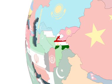 Tacikistan katıştırılmış bayrak ile parlak siyasi dünya üzerinde. 3D çizim.