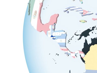 El Salvador katıştırılmış bayrak ile parlak siyasi dünya üzerinde. 3D çizim.